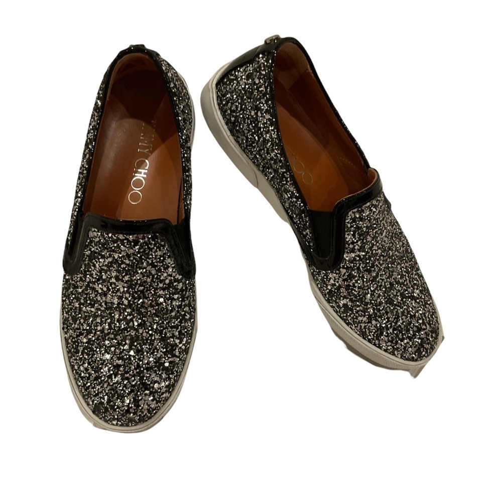 Jimmy Choo Demi Coarse Glitter Slip-Ons Sneakers Black and Silver - Picture 3 of 15